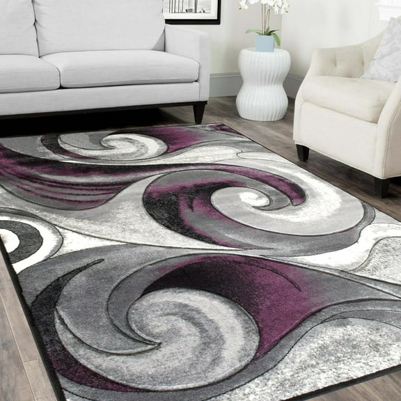 Handcraft Rugs-Swirls Abstract Design Modern Contemporary Hand Carved Area Rug-Silver/Purple/Gray/Black