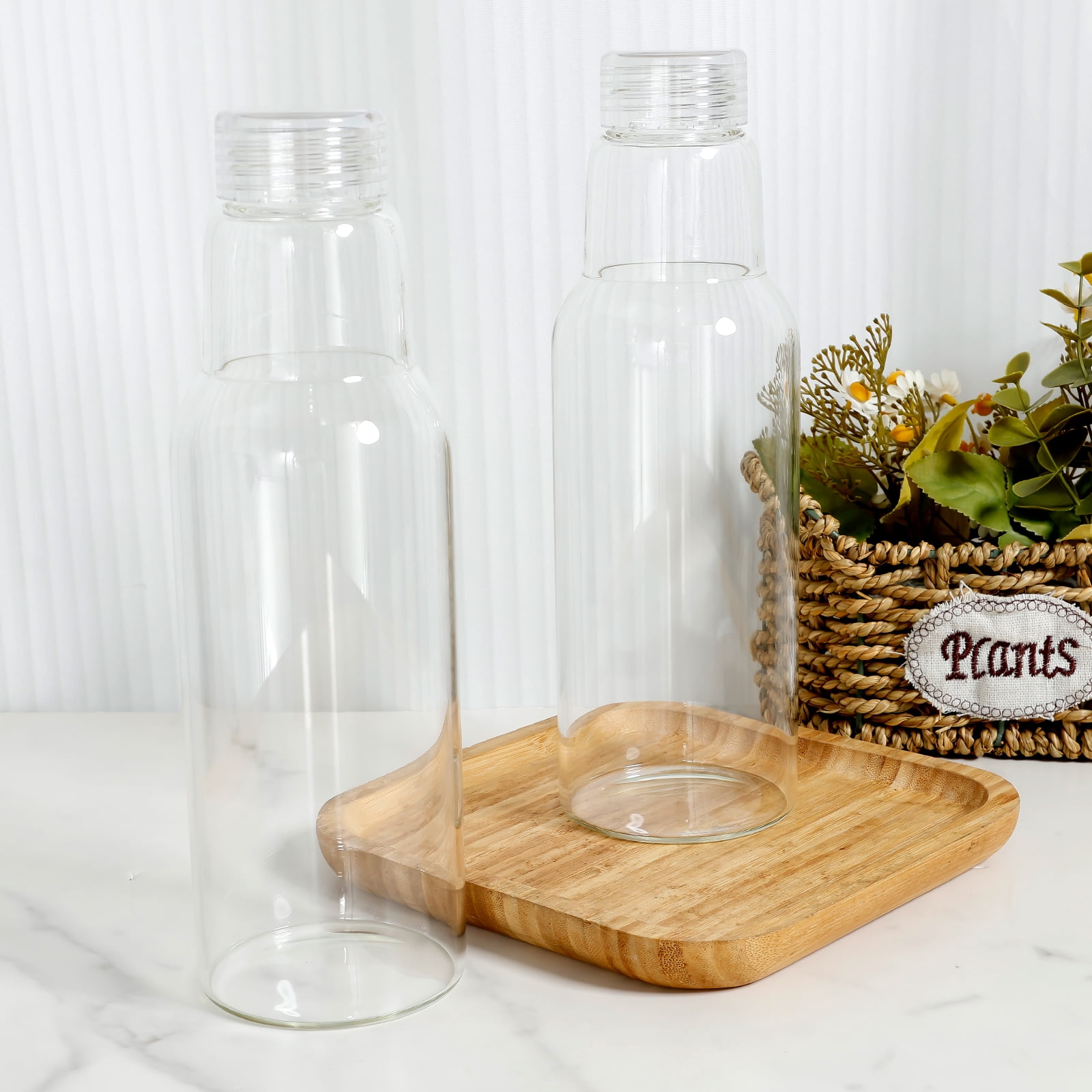 Clear Glass Bottles with Lids 34oz, Reusable Glass Water Bottles with Stainless Steel Cap for Juicing,Refrigerator,100% Leak Proof, BPA Free Eco Friendly,Set of 2