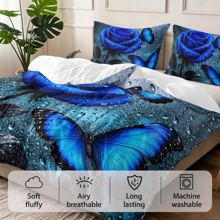 Romantic Full Duvet Cover Set, Blue Rose Blossom Butterfly Glass Water ...