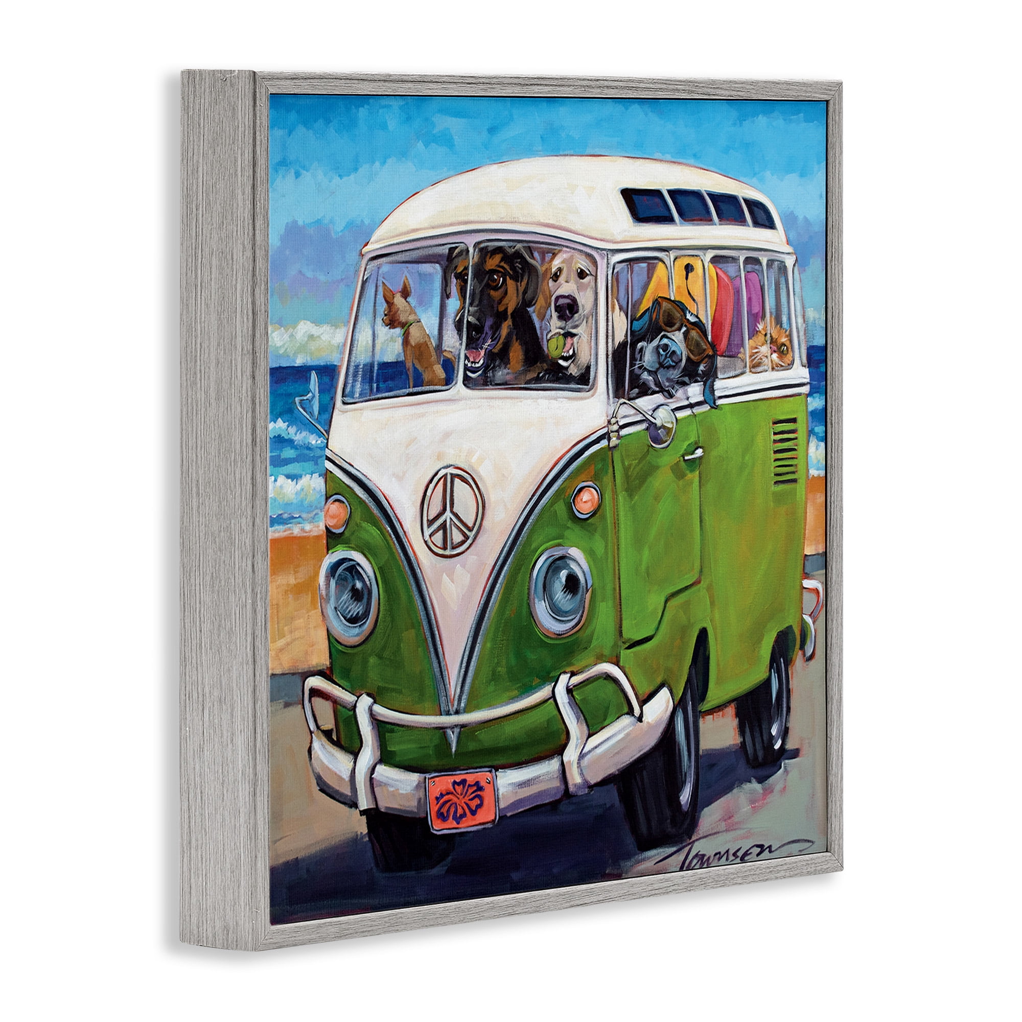 Stupell Industries Dogs Driving Retro Van Animals & Insects Painting Gray Framed Art Print Wall Art, 12 x 12