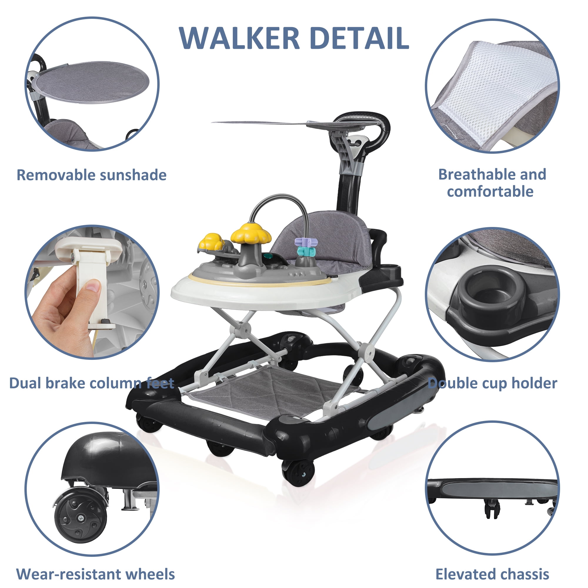 HAOUUCYIN 4-in-1 Baby Walker, Music Activity Push Walker with Wheel, Foldable and Height Adjustable, Black