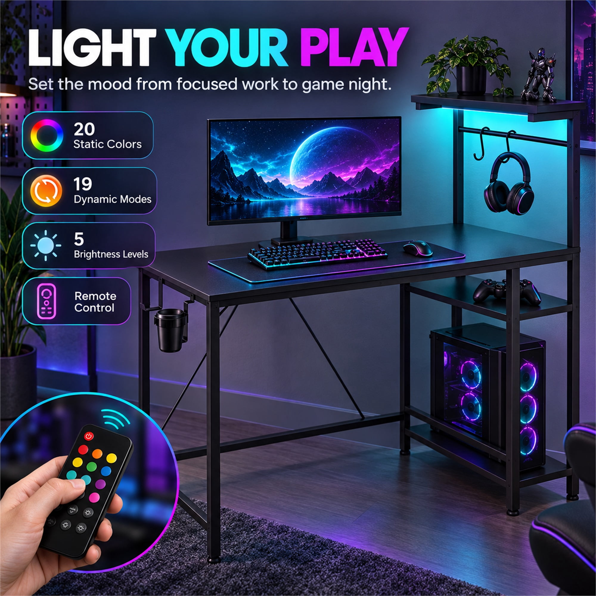 CloudRest Pro 44 Inch Gaming Desk with RGB LED Lights, Reversible Computer Desk with 4-Tier Storage Shelves, Cup Holder and Headphone Hook, Black