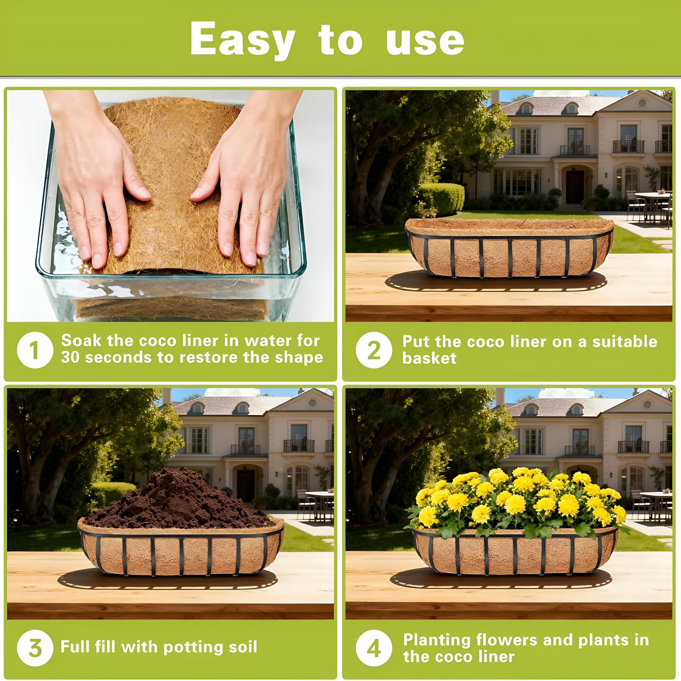 XIBUFE 4 Pack 30 Inch Window Box Liners Coco Liners for Planters Coconut Husk Plant Liners 100% Natural Coconut Liners for Planters Coco Coir Liner for Outdoor Planter