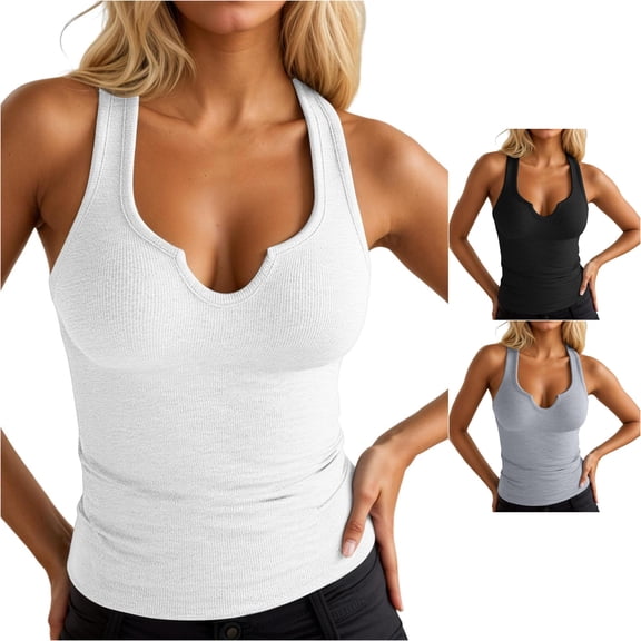 WAYUTE Women's Tank Tops Split V Neck Knit Ribbed Wide Strap Slim Fit Solid Color Camisole Basic Shirt Breathable Layering Top Fashion Casual Daily Wear,White,2XL