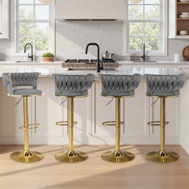 Hawsaiy Modern Velvet Bar Stools Set of 4, Adjustable Height Woven Back Bar Chairs with Footrest and Swivel for Kitchen Island & Dining Room, Dark Gray