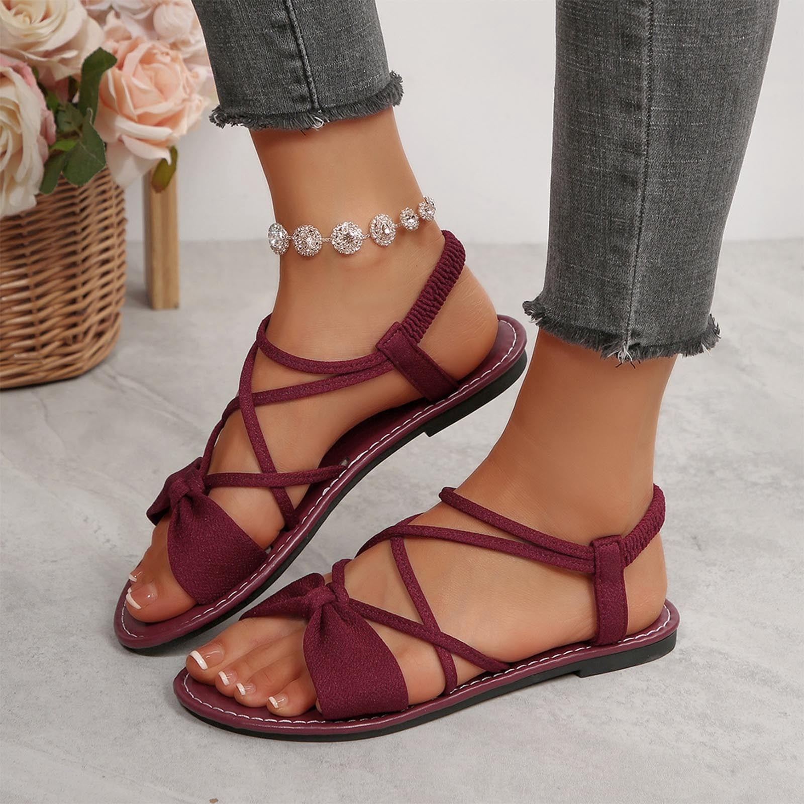 Womens Wine Elastic Ankle Strap Flat Sandals Crisscross Bow Open – picture 8