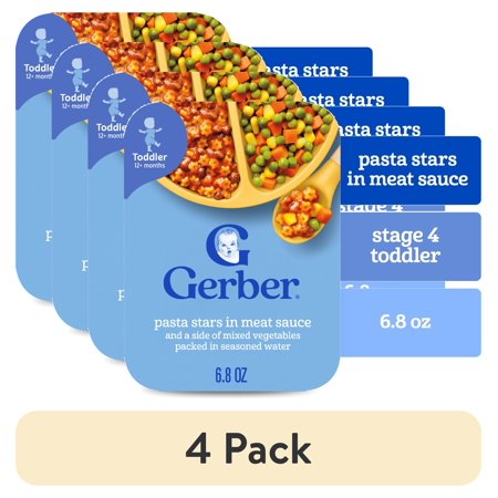 (4 pack) Gerber Mealtime for Toddler, Pasta Stars in Meat Sauce and a side of Mixed Vegetables, Toddler Food, 6.8 oz Tray