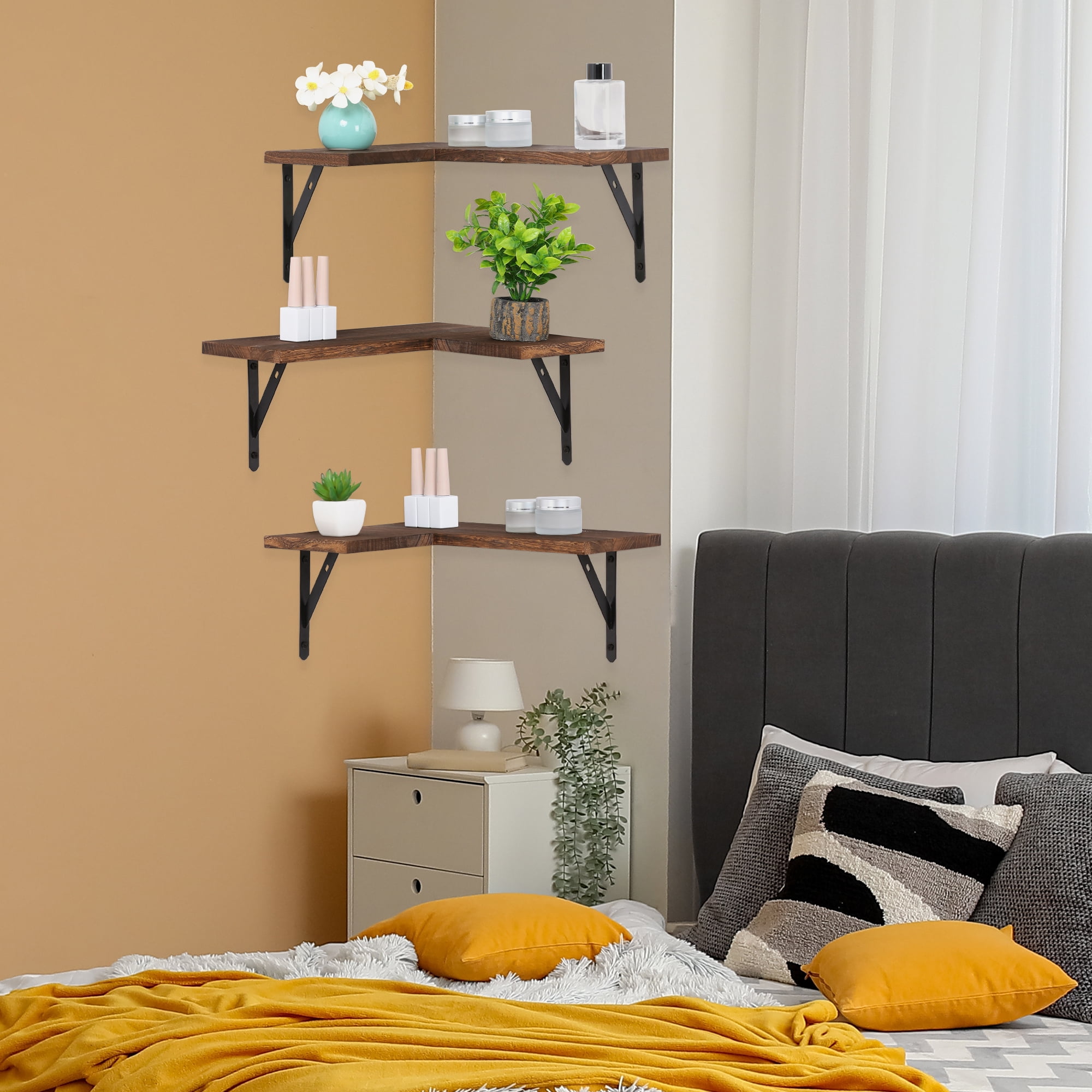 Unique Bargains Wood Floating Shelves Set of 3 Wall Mounted Shelves Dark Brown 15.7"