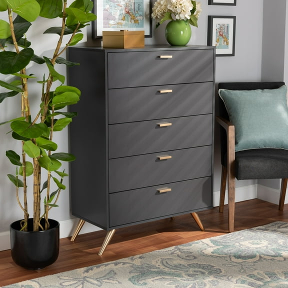 Baxton Studio Kelson Modern and Contemporary Dark Grey and Gold Finished Wood 5-Drawer Chest
