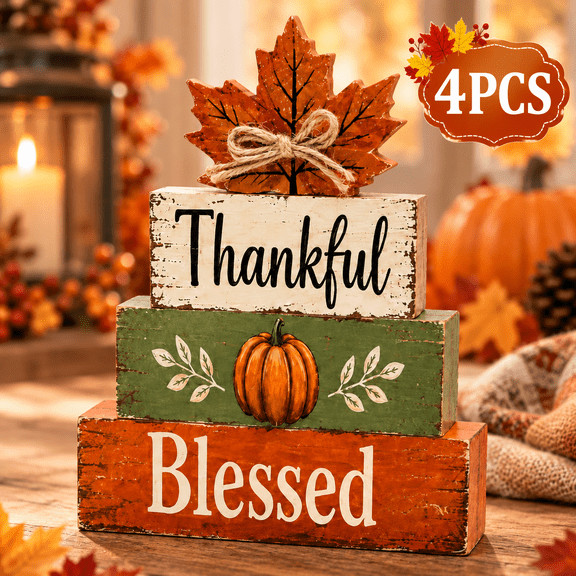 Fall Wooden Tabletop Decor Grateful Pumpkin Block Sign Thanksgiving Harvest Farmhouse Shelf Decoration for Tiered Tray Mantel Table Grateful Pumpkin