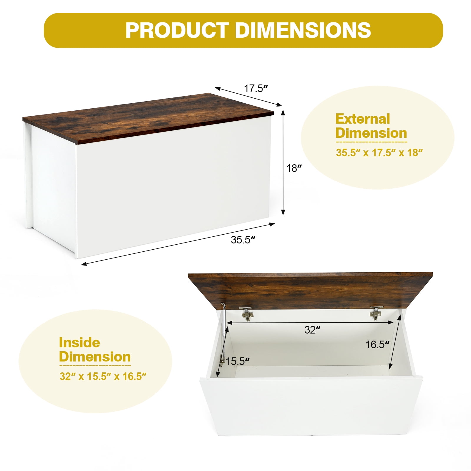 Infans Flip-top Storage Chest Bench Large Wooden Kids Toy Box w/ Pneumatic Rod
