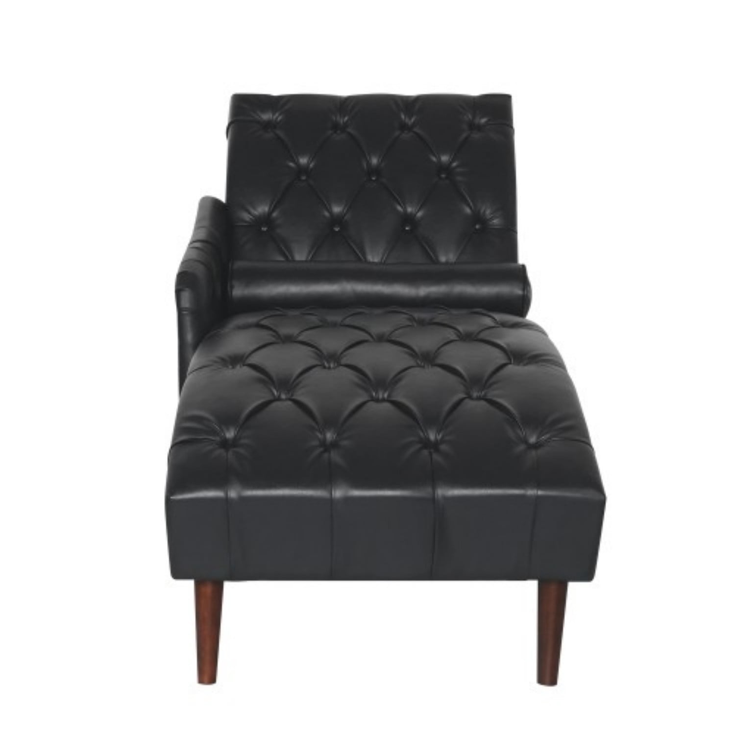 Chaise Lounge Chair with Pillow, Upholstered PU Leather Accent Chair with Tufted Back, Solid Wood Legs & Armrest, Indoor Reading Chaise for Living Room, Bedroom & Office, Black
