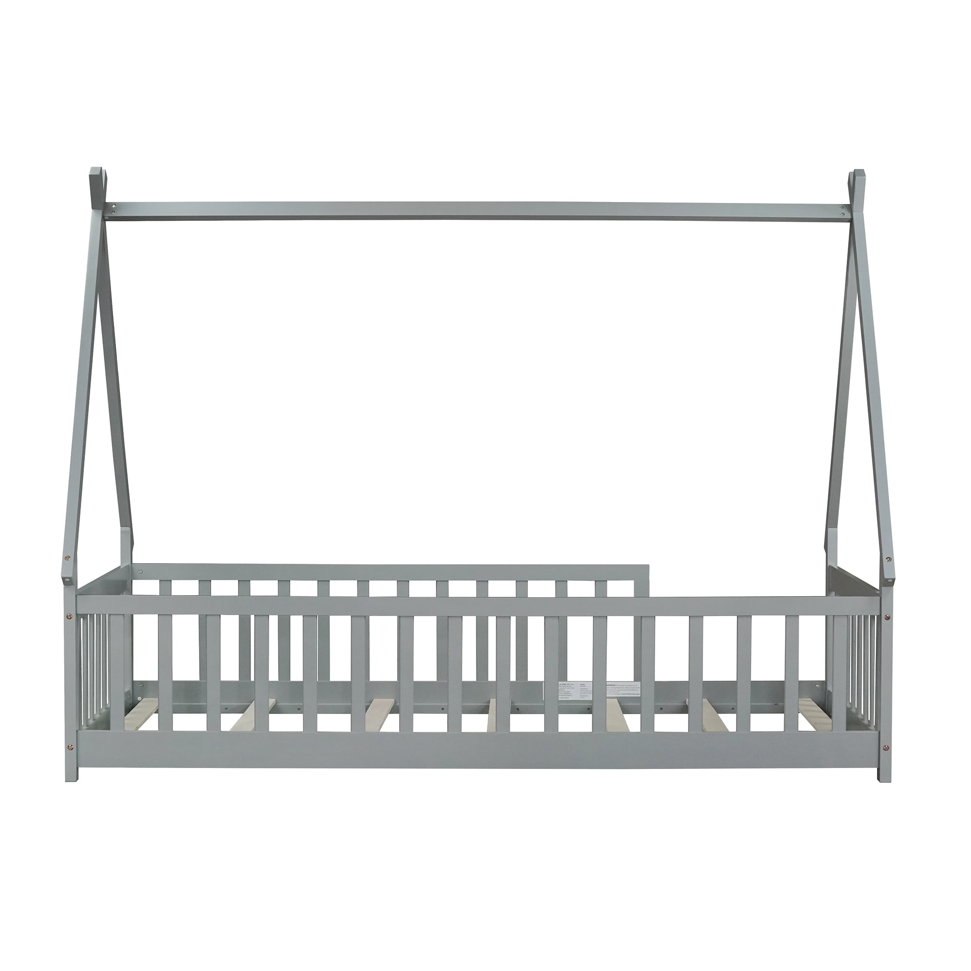 Mirightone Twin Size Floor Bed, Montessori Teepee Floor Bed with Rails, Wood Tent-Shaped Bed with Fence (Gray)