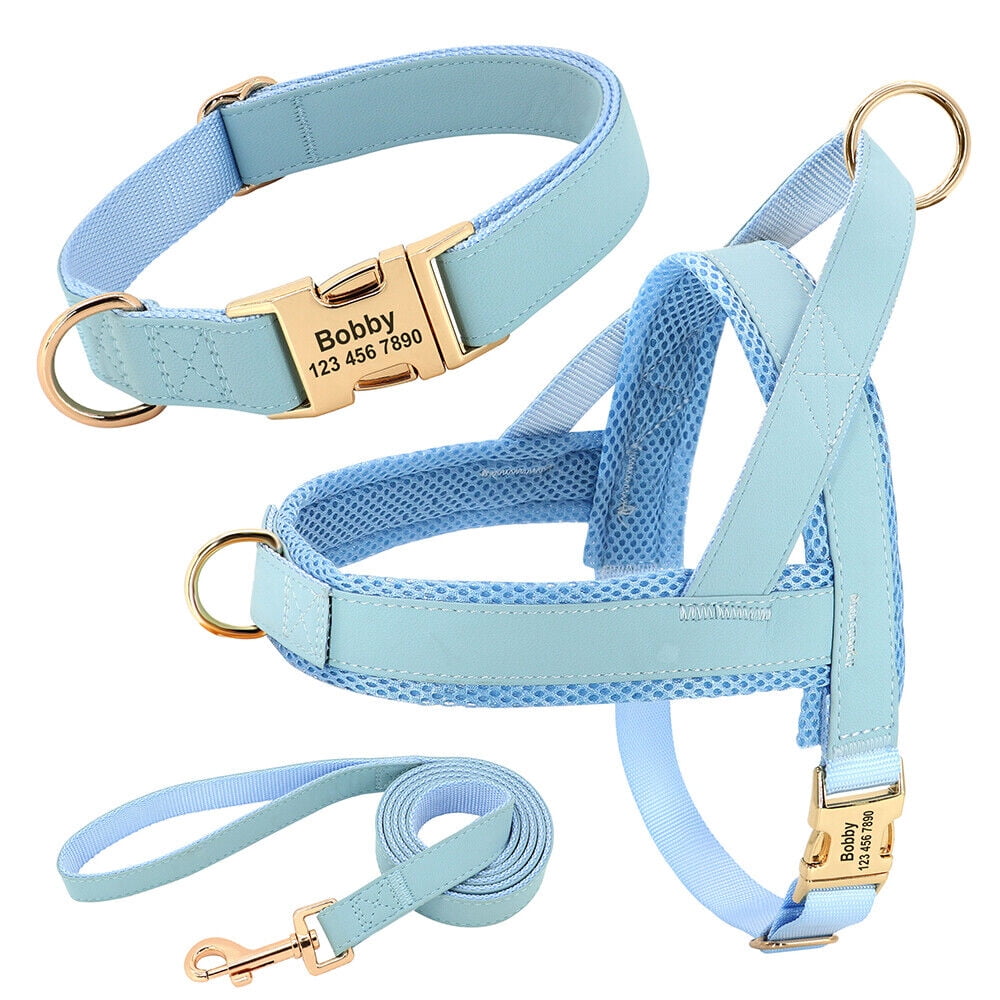 Pet Artist 3pcs Personalized Dog Harness & Collar & Leash set Metal ID Name Metal Buckle Mesh Padded Adjustable
