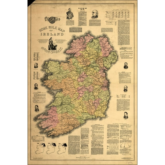 24"x36" Gallery Poster, Home Rule Map of Ireland 1893