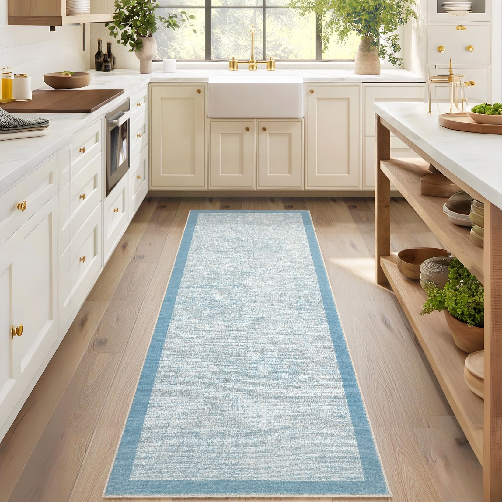 Hasoo Runner Neutral Geometric Border Rug 2x6 Non-Slip Washable Low Pile Solid Print for Kitchen Indoor Light Blue