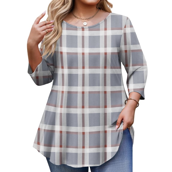 TQWQT Plus Size Women's Plaid Tunic Top 3/4 Sleeve Affordable Soft Blouse High-Low Hem for Leggings Daily Errands L