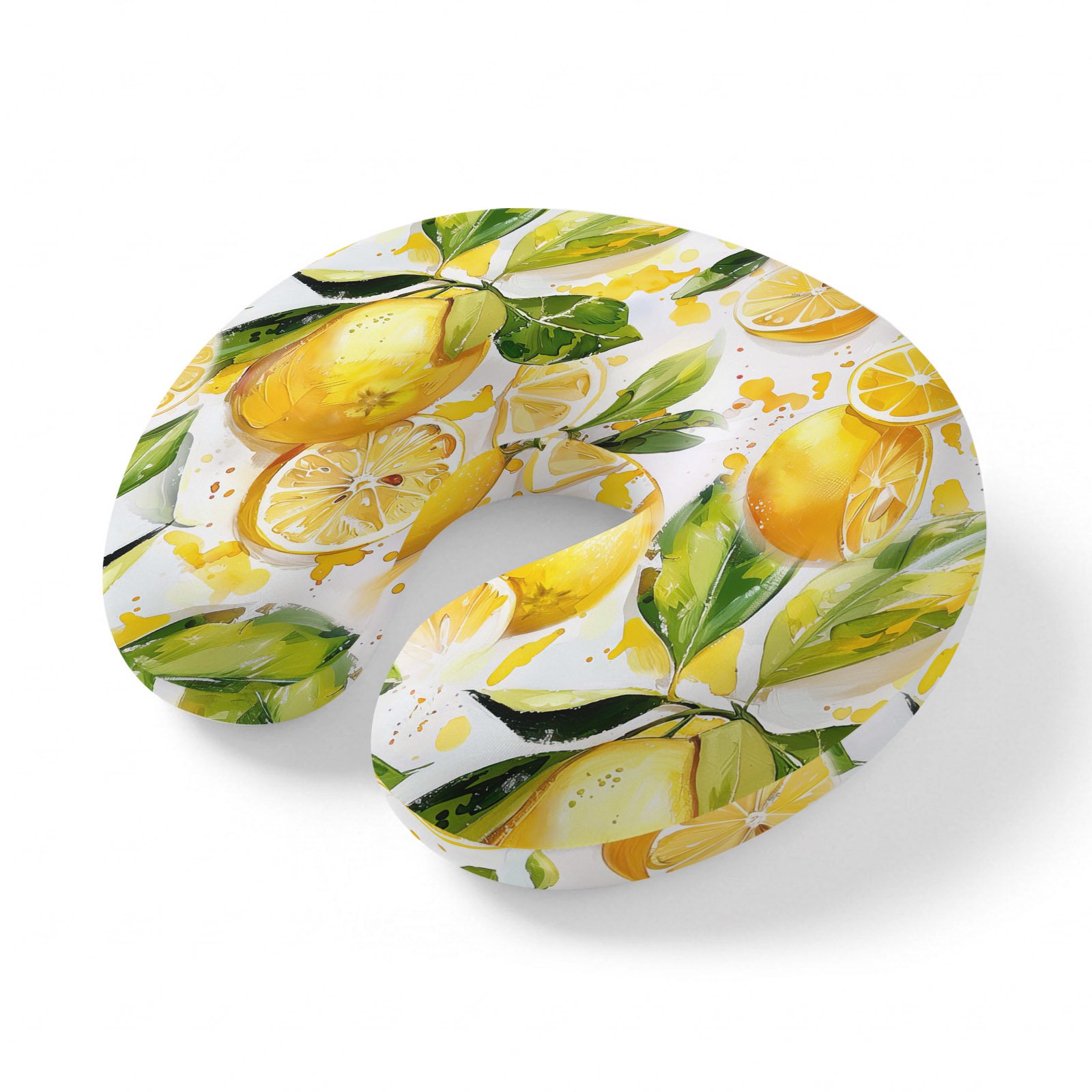 Neck Pillow for Travel Watercolor Lemon Green Leaves Seamless Memory Foam U Shaped Pillows Portable Headrest Farm Fruit Neck Head Support Cushion for Home Office Car Airplane Sleeping
