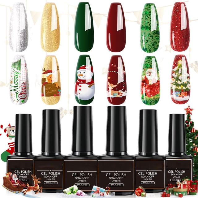 Kit de 6 esmaltes de uñas en gel para Navidad, gel de fototerapia de larga duración, pegamentos y aceites para uñas.