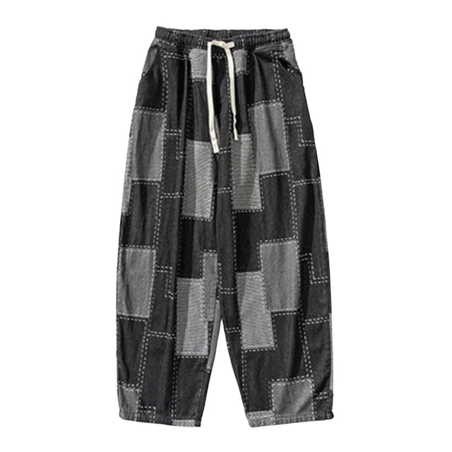 WEAIXIMIUNG Dress Pants Mens Wool Fall and Winter New Retro Patch Jacquard Loose Wide Leg Straight Casual Pants