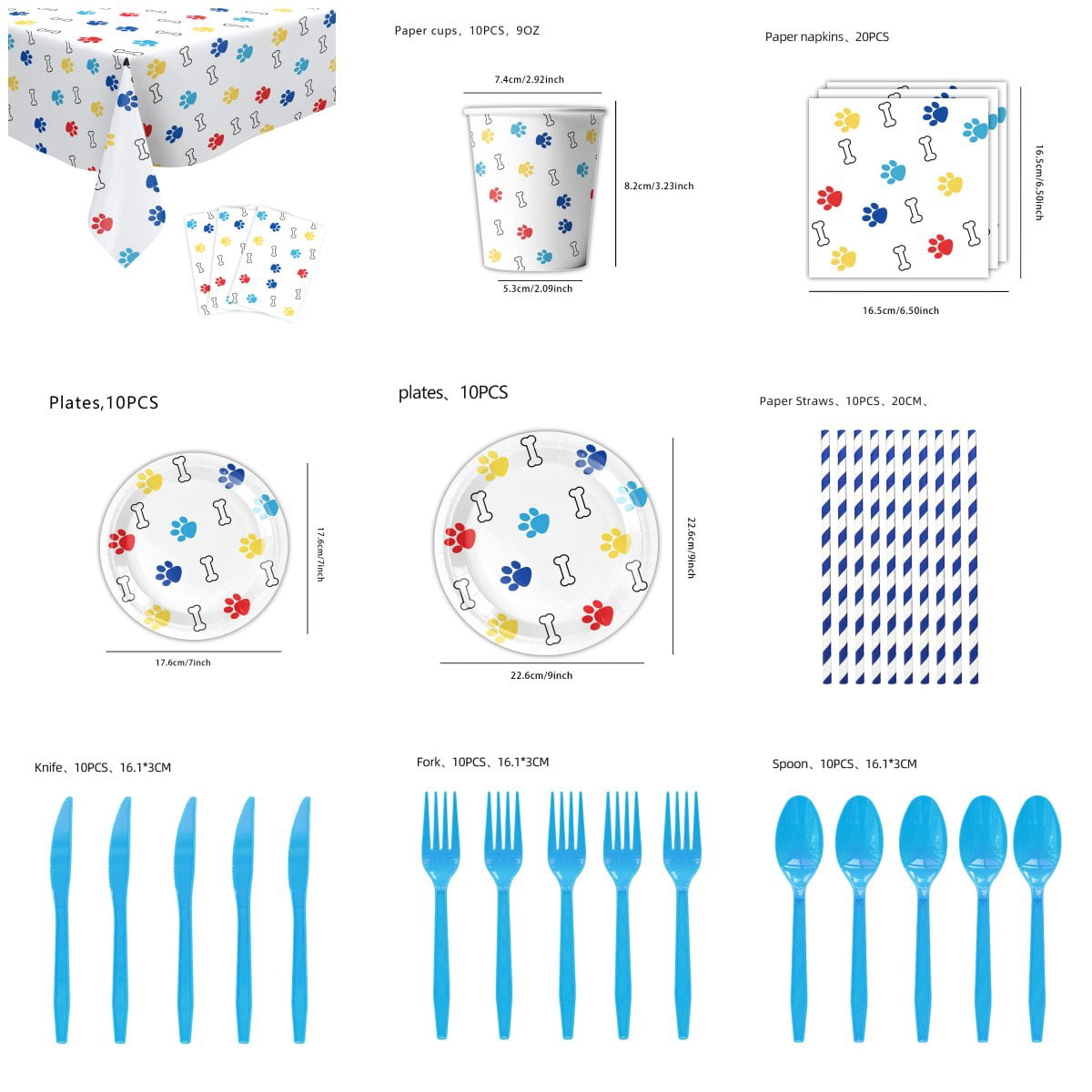 Colorful puppy paw print party decorations, birthday party supplies, disposable tableware sets