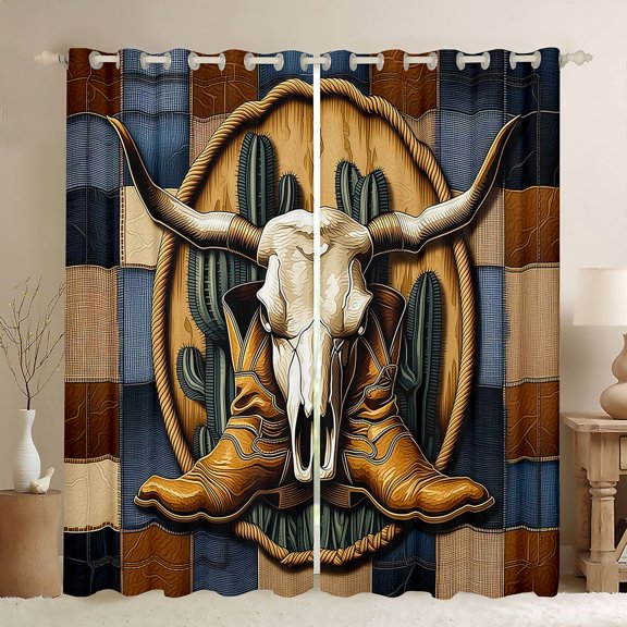 Homewish Vintage Bull Skull Kitchen Curtains,Patchwork Grid Black Out Curtains Pack of 2 (42x63 Each),Navy Brown