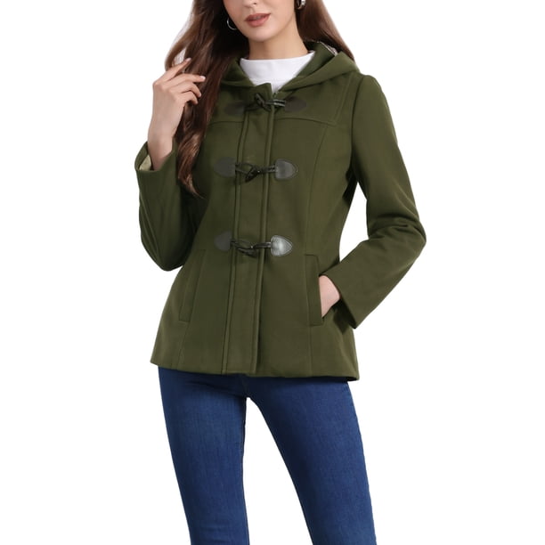 Abrigo Duffle con Cierre Frontal para Mujer Inspire Chic, Corto, con Capucha, Color Verde Militar