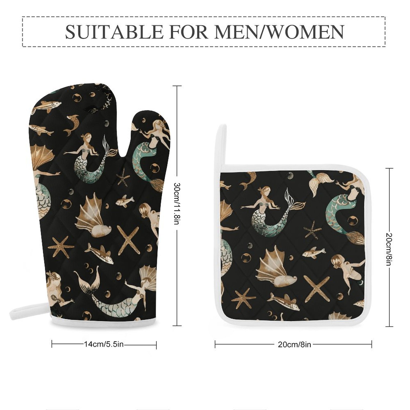 Ocean Cute Mermaid Oven Mitt And Pot Holder Set Oven Glove for Kitchen Baking Cooking Grilling