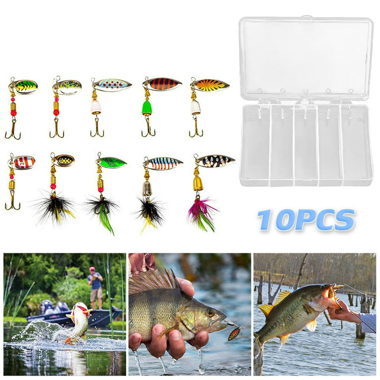 10 PCS Fishing Lure Spinner bait Bass Trout Salmon Hard Metal Spinner Baits  Kit With 1 Tackle Boxe 