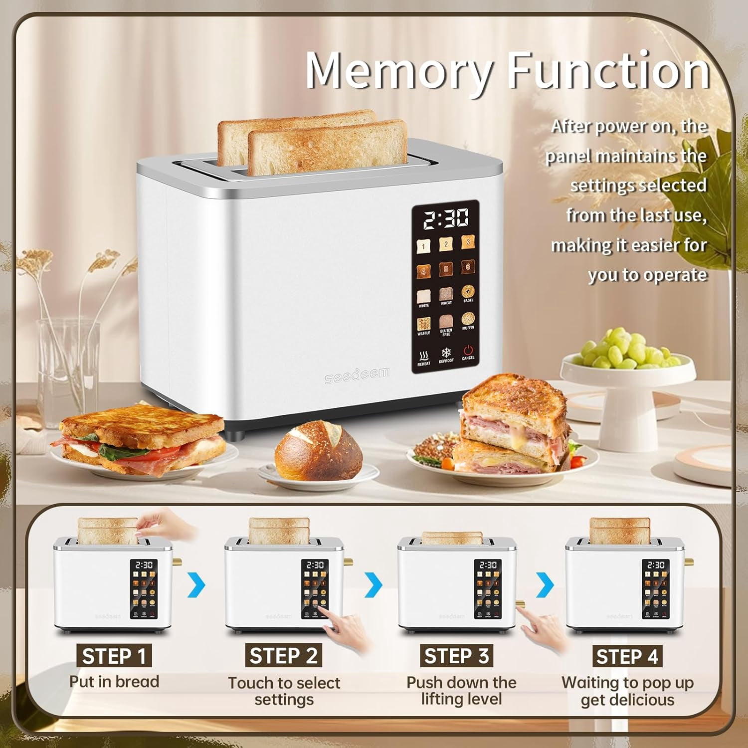 Seedeem 2 Toaster Touch Screen 1.5 Inch Wide Slot, 316 Stainless Steel Intelligent Bread Toaster, 6 Functions for Bagel Muffin Waffle Gluten-free Bread, Timer, Thawing, Reheating, 120V 900W W.