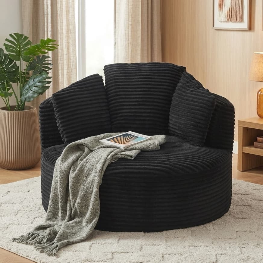 Aukfa Modern Corduroy Round Accent Chair, Compressible Chaise Lounge for Living Room & Bedroom, No Assembly,Black