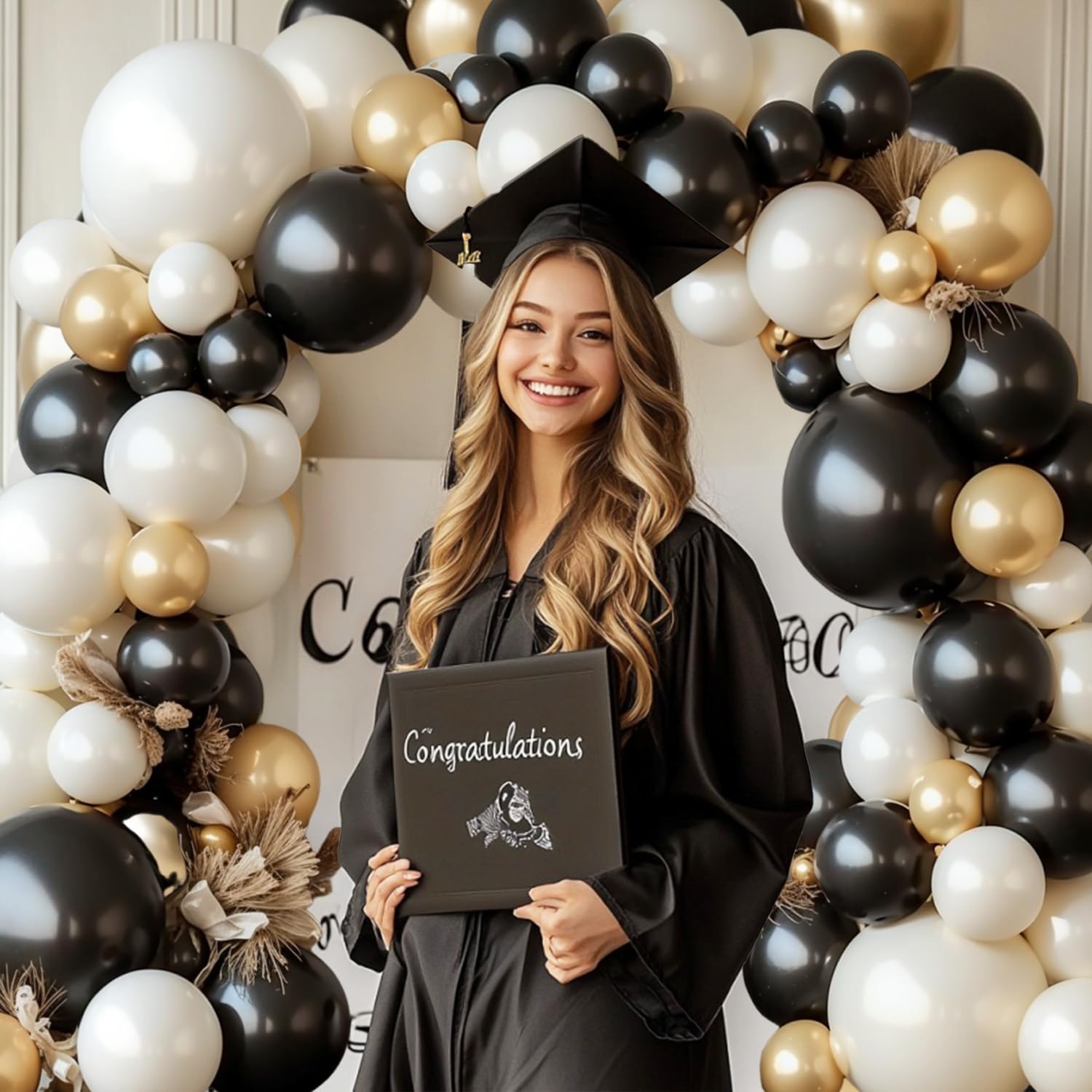 Black White Gold Balloon Arch Kit,Double Stuffed Pearl Sand White Balloon Garland Different Sizes 18/12/5 Inch Chrome Cream Balloons for Graduation Wedding Birthday Bachelorette Party Decorations