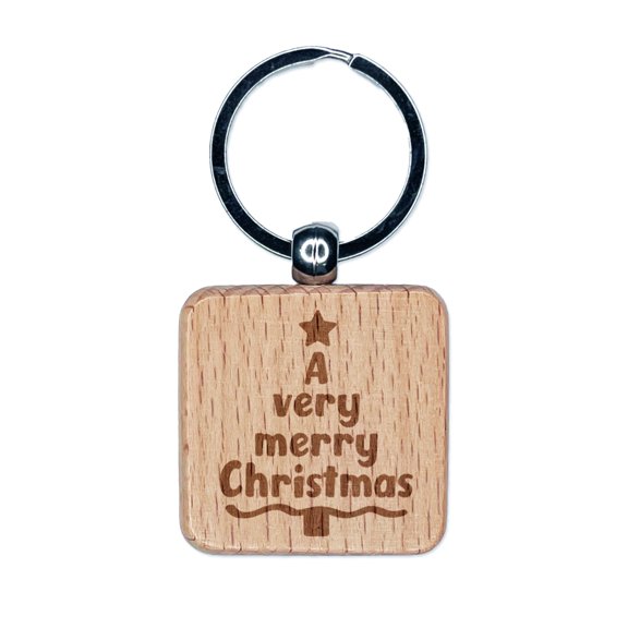 A Very Merry Christmas Tree Square Keychain Charm Tag - Engraved Wood