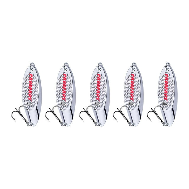 5 cucharas de pesca con anzuelos triples, cebos duros para jigging en agua salada. Plata 50g