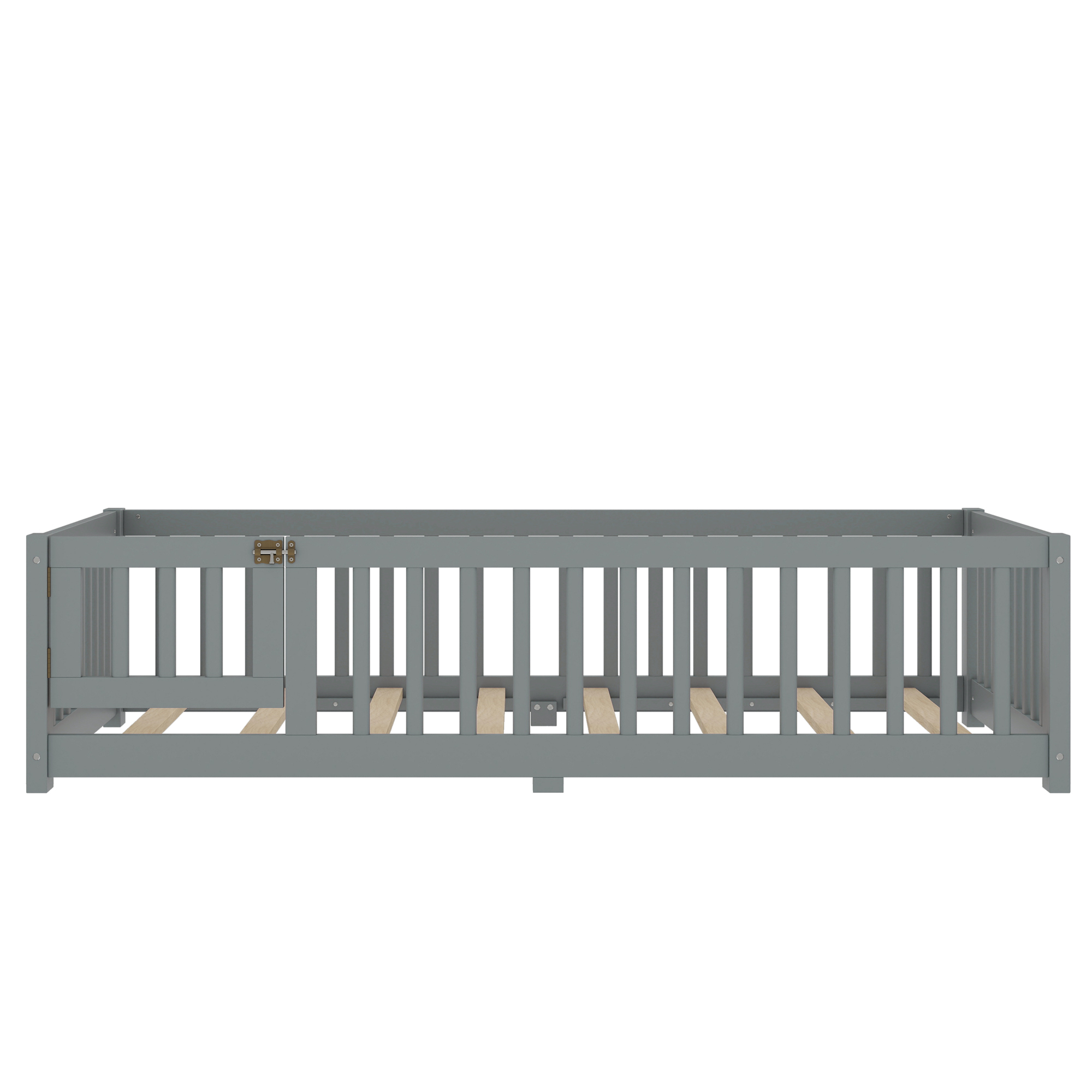 Jopath Twin Size Floor Bed Frame,Montessori Bed with Guardrails and Door,with Slatted Base,for Kids,Boys,Girls,Gray