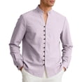 thumbnail image 2 of USNSM Long Sleeve Cotton Linen Shirt for Men, Button Up Loose Fit Vintage Shirts Stand Banded Collar Solid Beach Tops Purple L, 2 of 9