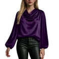 thumbnail image 2 of TTUHYWXI Women's Satin Silky Cowl Neck Drape Ruched Front Long Sleeve Blouse Shirt Top (Purple, 3XL), 2 of 7