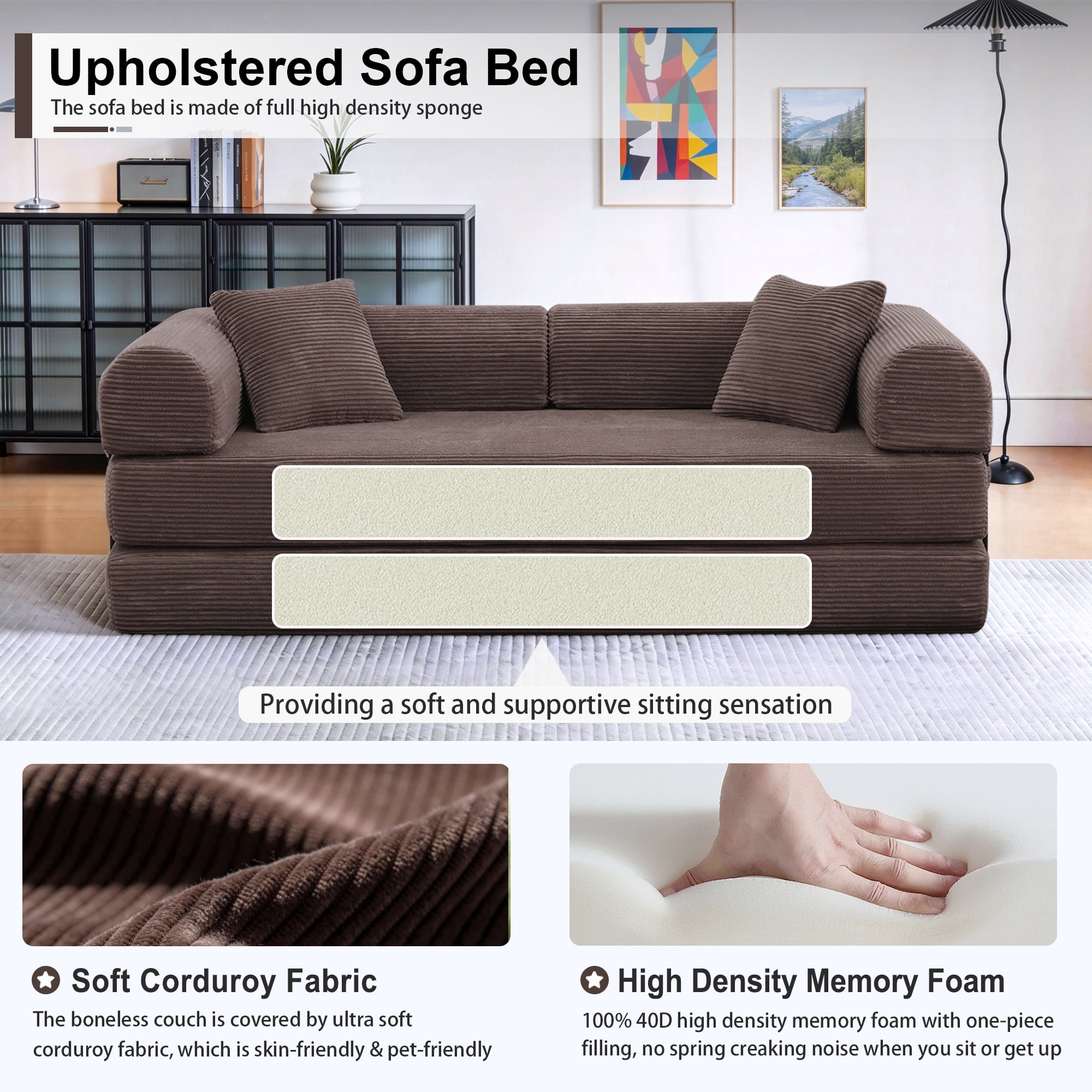 Convertible Floor Sofa Bed, Holaki 63" Foldable Compression Loveseat Lounge Sleeper Sofa with Pillow & Fixed-Shape Frame, Corduroy Folding Boneless Sofa Couch for Living Room, Small Space, Brown
