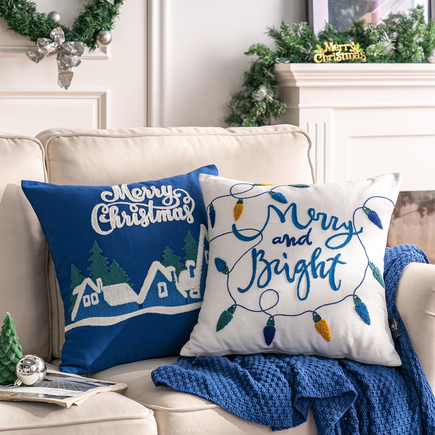 Christmas Embroidered Decorative Series Throw Pillow Covers, Navy, 18" x 18", Set of 4