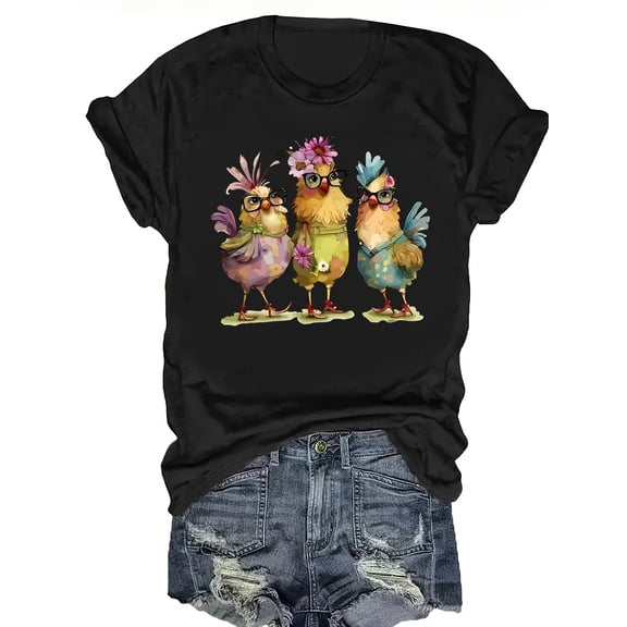 Funny Chicken T-Shirt Women Cute Hens With Glasses And Flowers Tee Fancy Farm Bird Lover Gift Top