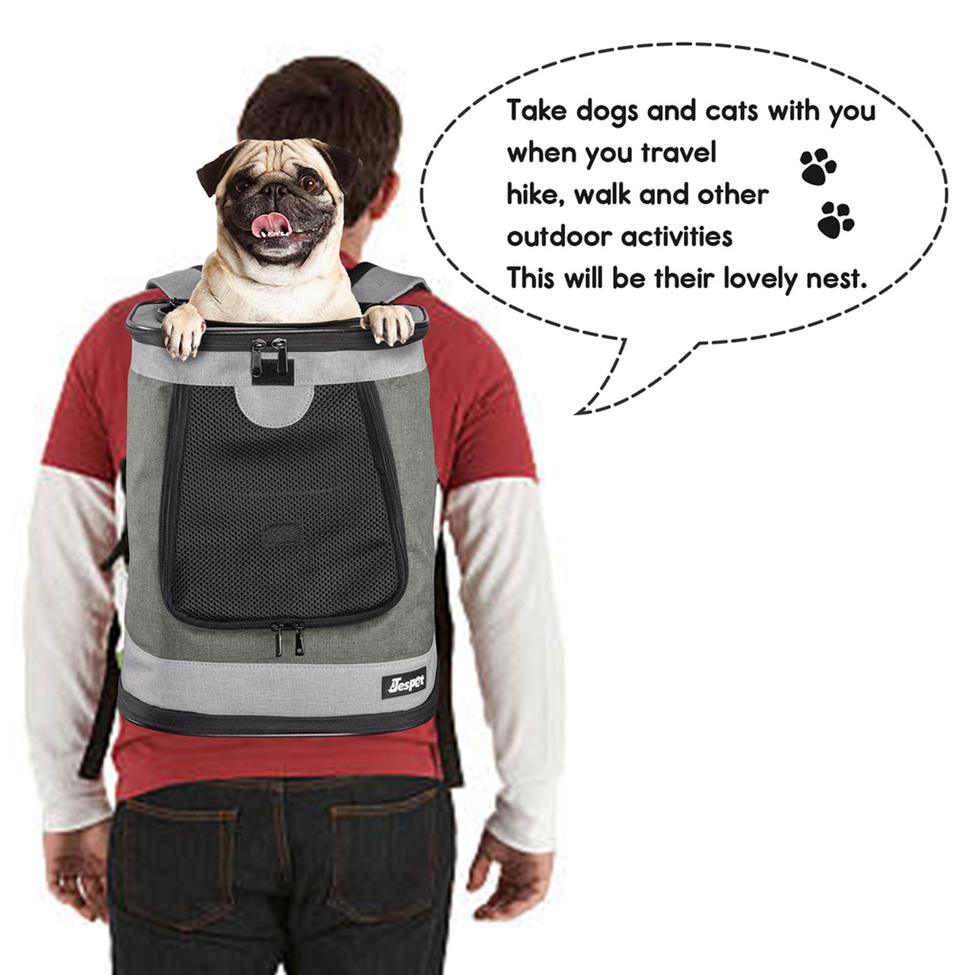 JESPET & GOOPAWS: Pet Soft Backpack Carrier - Smoke Grey - 13", Small Dogs & Cats, Portable-Traveling-Hiking-Walking, Outdoor, Mesh Window, Ventilated