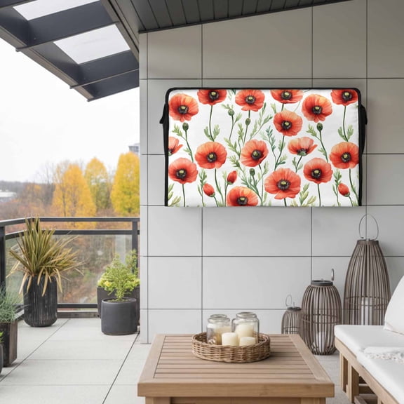 Outdoor TV Cover 58x37x4.5in, Pastoral Watercolor Red Poppy Weatherproof TV Screen Protector with Zipper, Farmhouse Green Bud Herb Outside Television Cover Fits Up to 60-65"