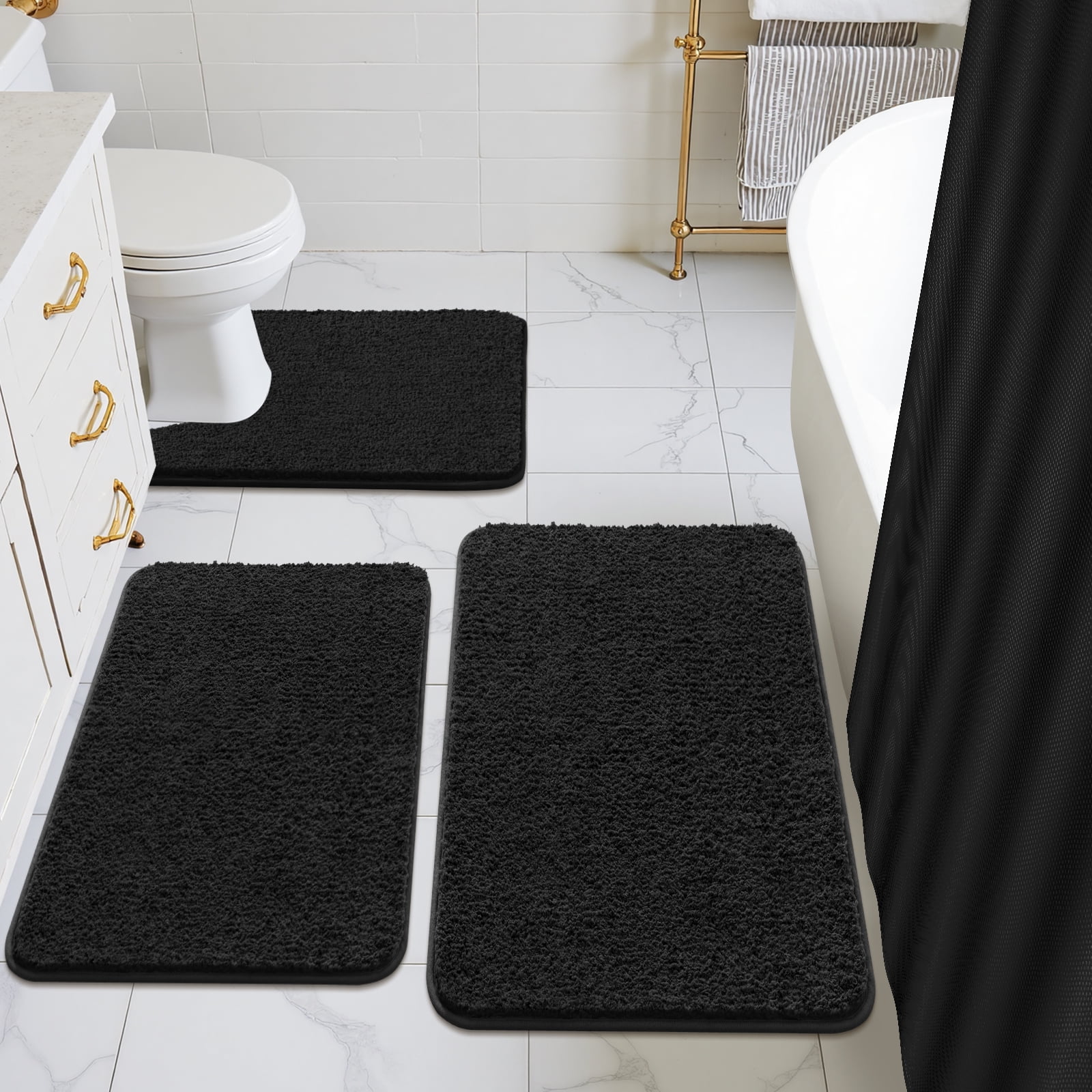 ‌Ileading 16-Piece Shower Curtain Set with Rugs, Waterproof Waffle Shower Curtain & Soft Non-Slip Bath Rugs with 12 Hooks, Black Bathroom Sets