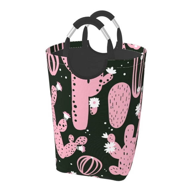 DouZhe 50L Rectangular Laundry Basket, Pink Ucculent Plant Cactus Prints Waterproof Foldable Laundry Hamper with Aluminum Handles