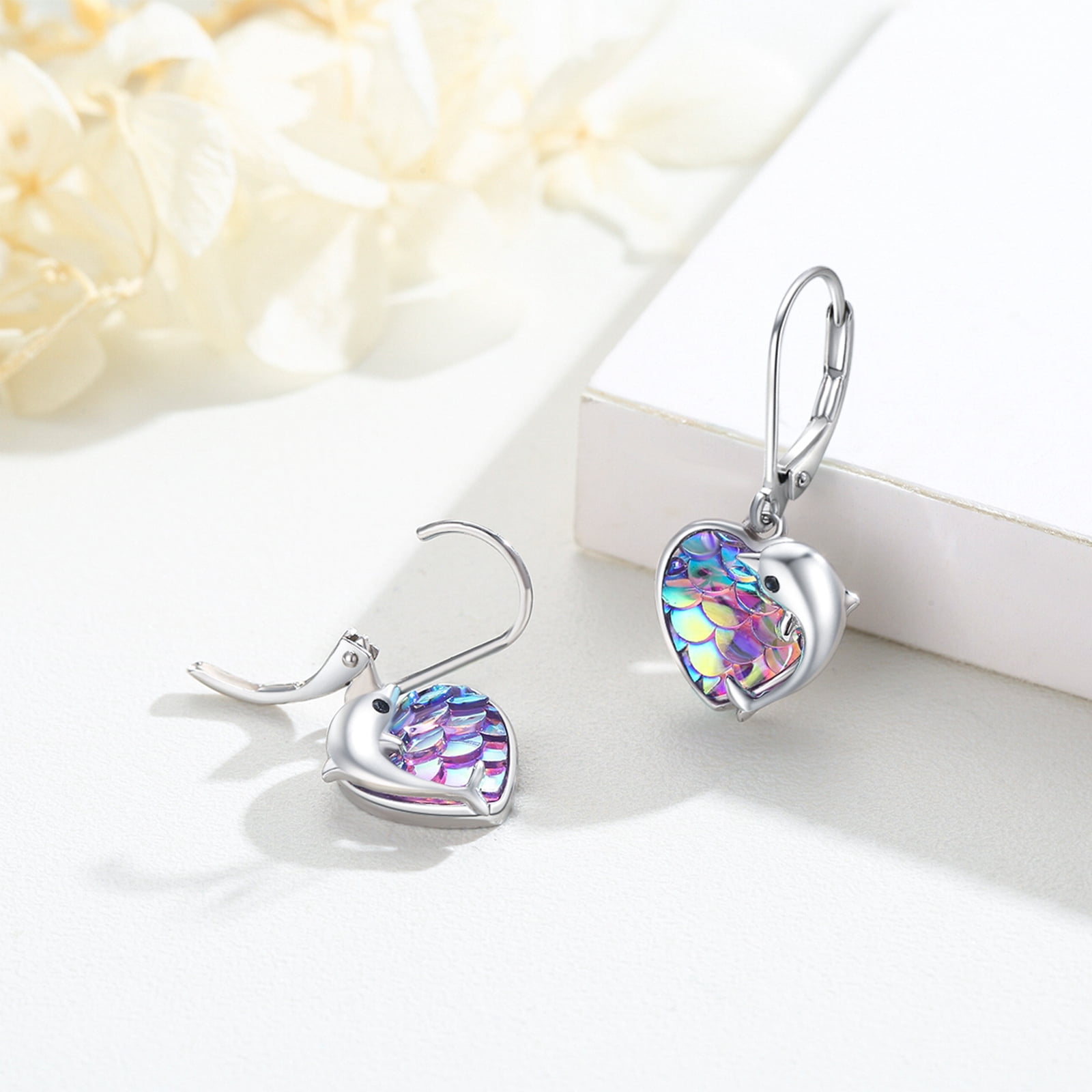AOVEAO Dolphin Drop Dangle Earrings 925 Sterling Silver Lever Back Heart Fish Scales Earrings Fashion Jewelry Birthday Xmas Gift for Women Daughter Niece Mom Wife
