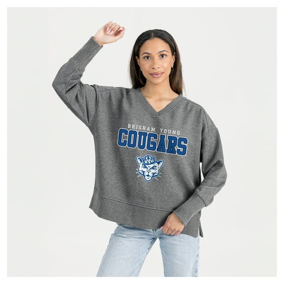 Women's Gameday Couture  Gray BYU Cougars French Terry V-Neck Pullover Sweatshirt