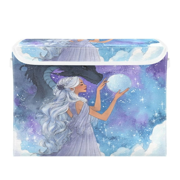 Large Collapsible Storage Box Flip Lid Fabric Decorative Organizer Container Basket with Handles 16.5×12.6×11.8in White-haired Princess