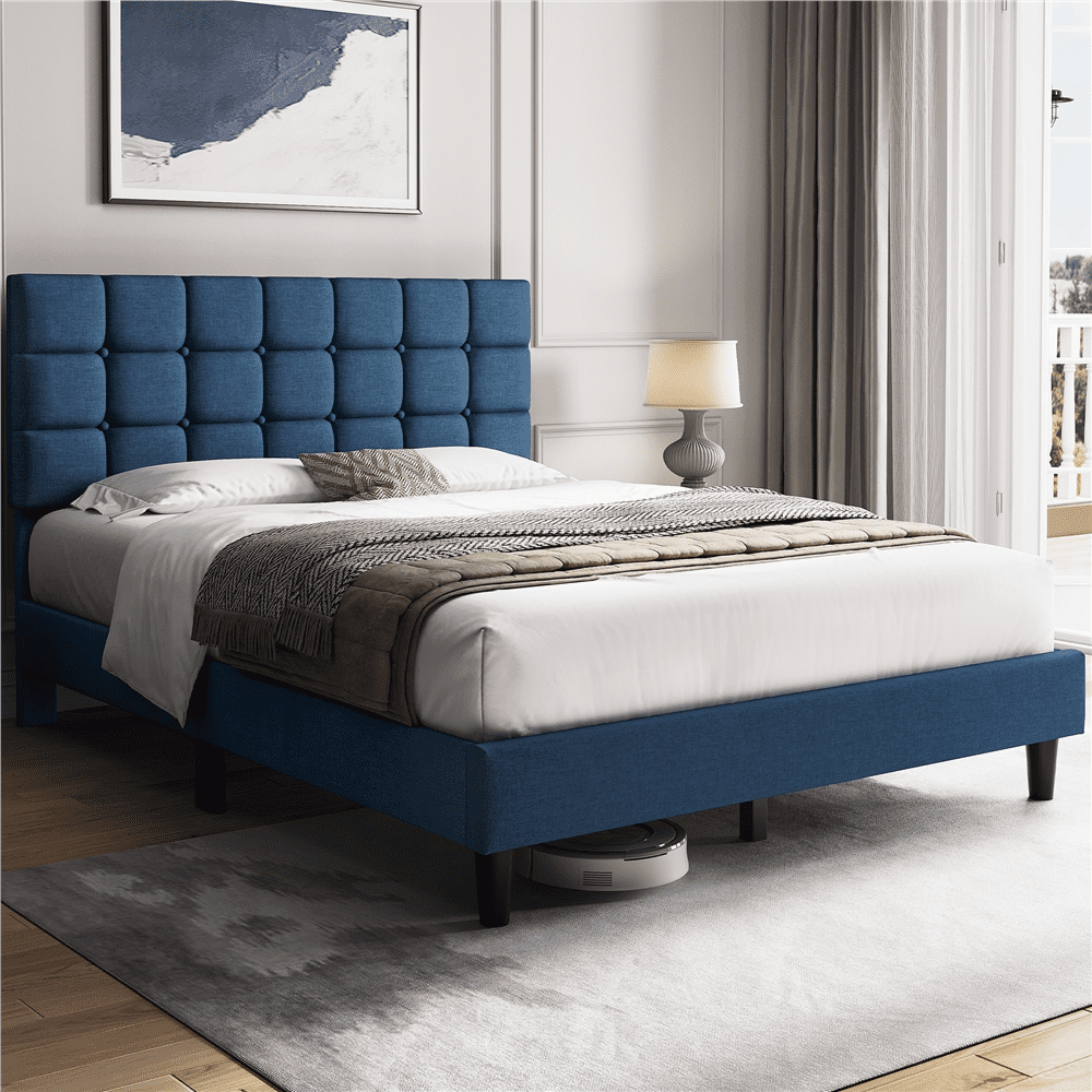 Fullfurnique Upholstered Platform Bed Frame with Square Tufted Headboard, Full, Navy Blue