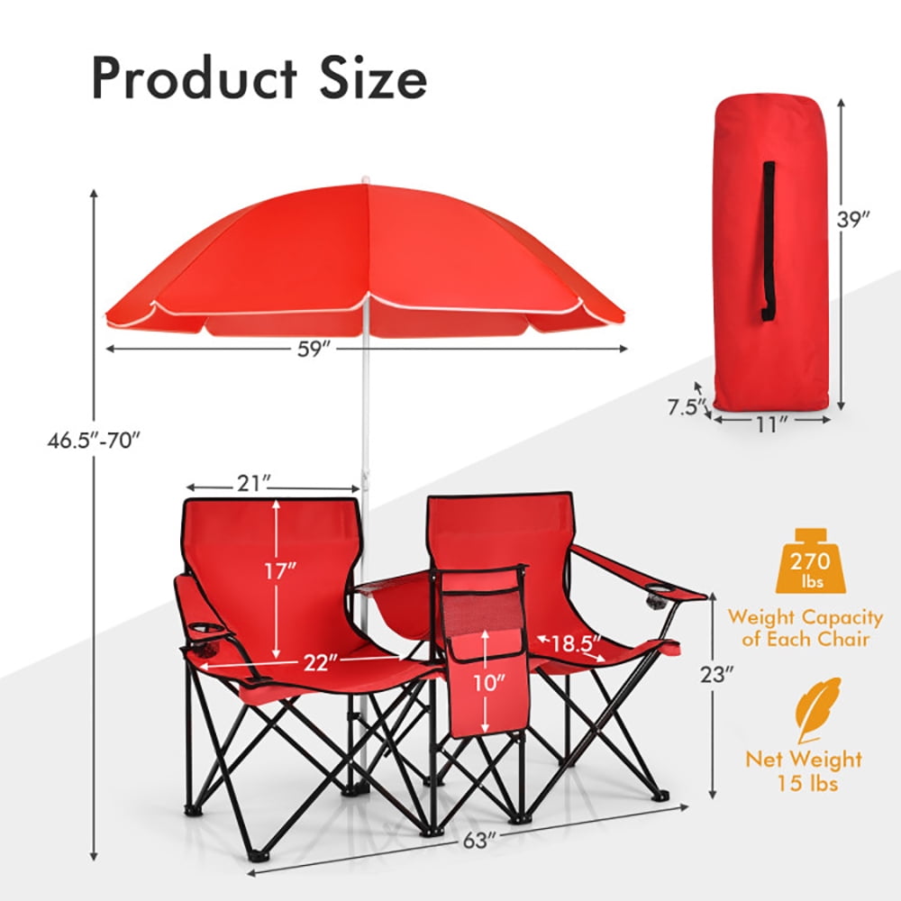 Aimee Lii Portable Folding Picnic Double Chair With Umbrella, Outdoor Beach Chair with Umbrella, Red Aimee Lii Portable Folding Picnic Double Chair With Umbrella, Outdoor Beach Chair with Umbrella, Red