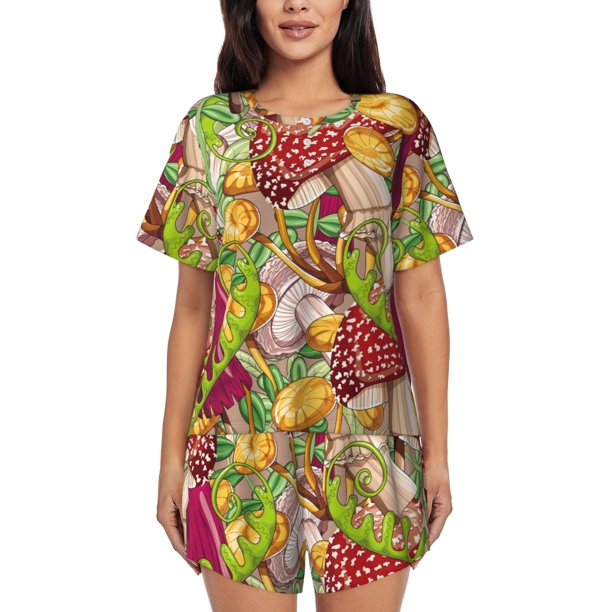Fotbe Bright Mushrooms Conjunto de Pijama Estampado para Mujer, 2 Piezas, Ropa de Dormir con Camiseta de Manga Corta y Shorts Suaves-Large